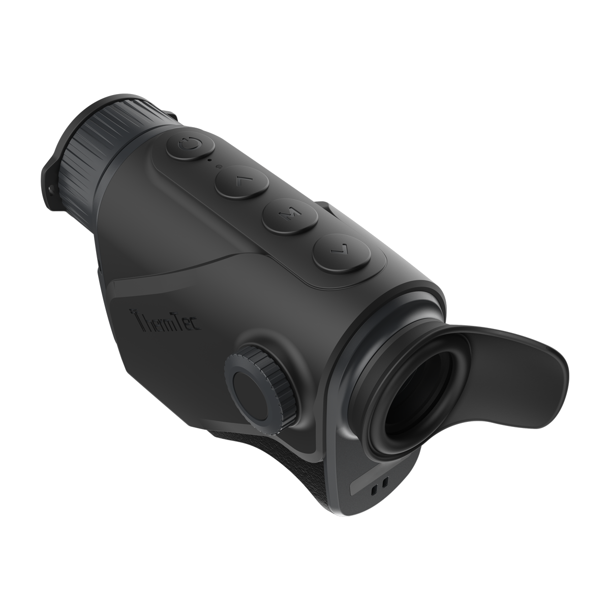 ThermTec Cyclone 315 thermal monocular, elevated rear view of buttons, eyecup and focus dial