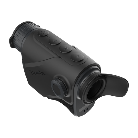 ThermTec Cyclone 315 thermal monocular, elevated rear view of buttons, eyecup and focus dial
