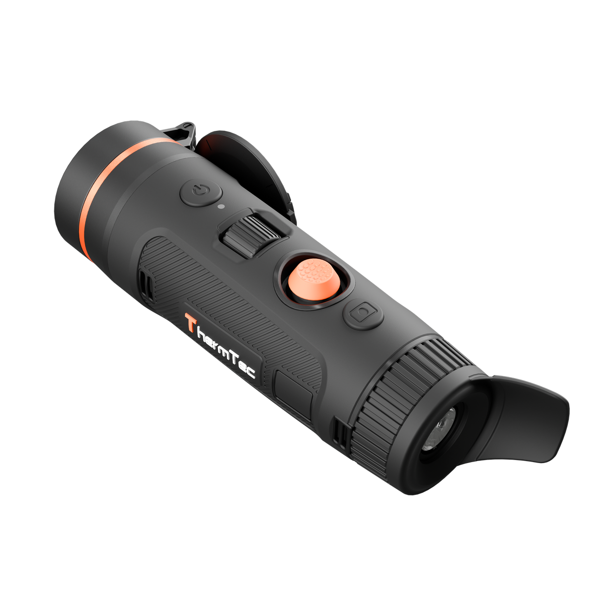 ThermTec Wild 635L Pro thermal monocular, rear three-quarter view of extended eyecup and ThermTec logo