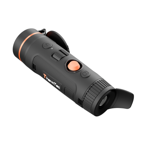 ThermTec Wild 635L Pro thermal monocular, rear three-quarter view of extended eyecup and ThermTec logo
