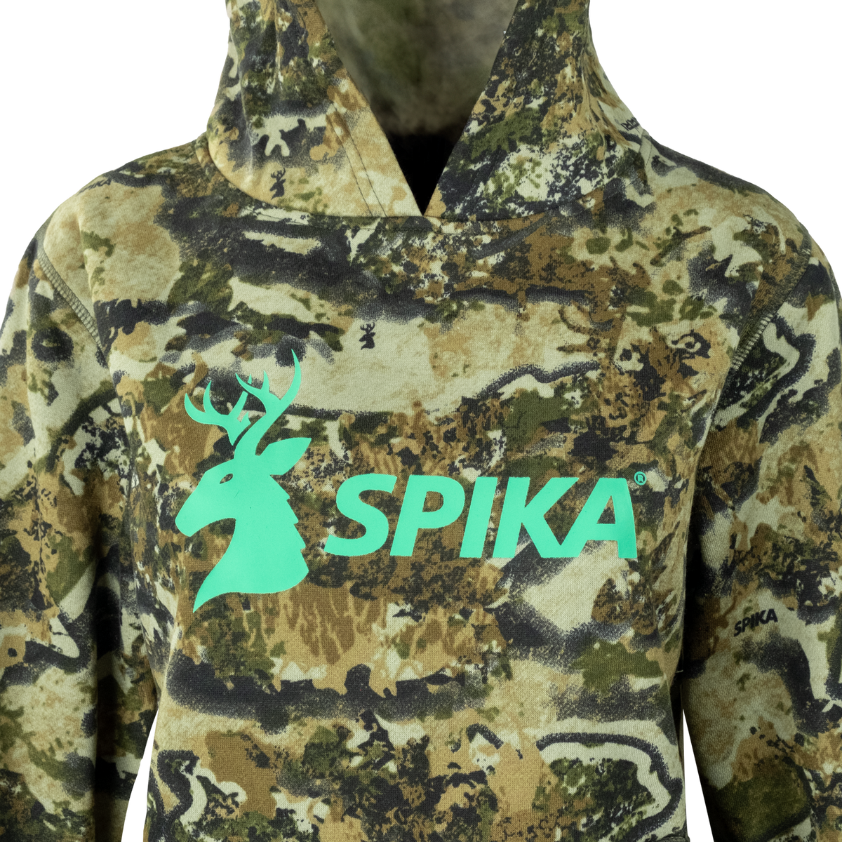 Close-up of the mint green stag SPIKA chest print on the Spika GO Classic V2 women's Biarri Camo hoodie