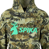 Close-up of the mint green stag SPIKA chest print on the Spika GO Classic V2 women's Biarri Camo hoodie