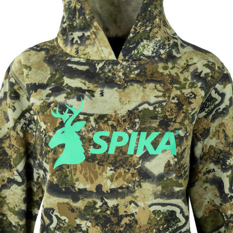 Close-up of the mint green stag SPIKA chest print on the Spika GO Classic V2 women's Biarri Camo hoodie