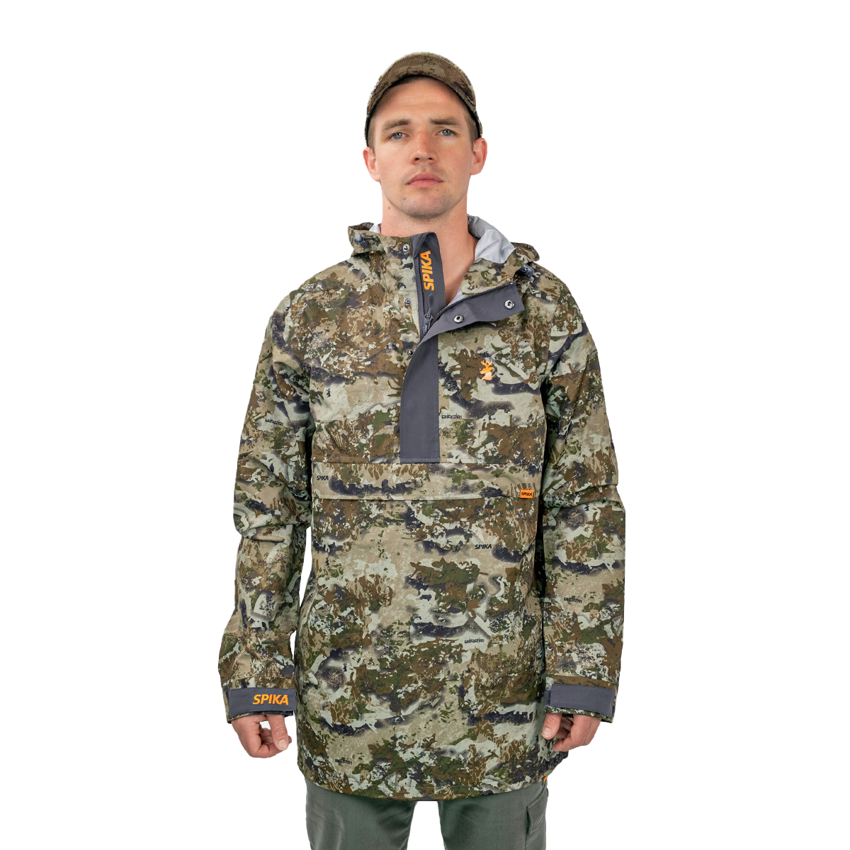 Man wearing the Spika Buckland Biarri Camo hunting smock with hood down and cap, front view