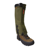 Spika Strike adult gaiter in Olive worn over a brown hiking boot, side view with strap and buckle