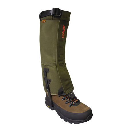 Spika Strike adult gaiter in Olive worn over a brown hiking boot, side view with strap and buckle