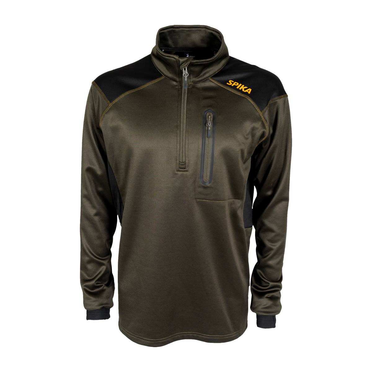 Spika Recoil men's performance quarter-zip top in Olive Summit with black shoulder panels, front view