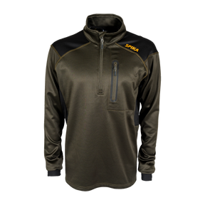 Spika Recoil men's performance quarter-zip top in Olive Summit with black shoulder panels, front view