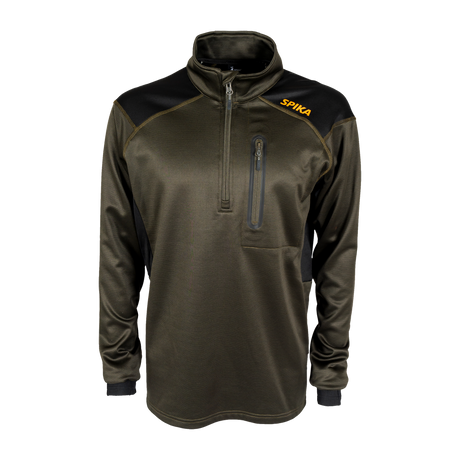 Spika Recoil men's performance quarter-zip top in Olive Summit with black shoulder panels, front view