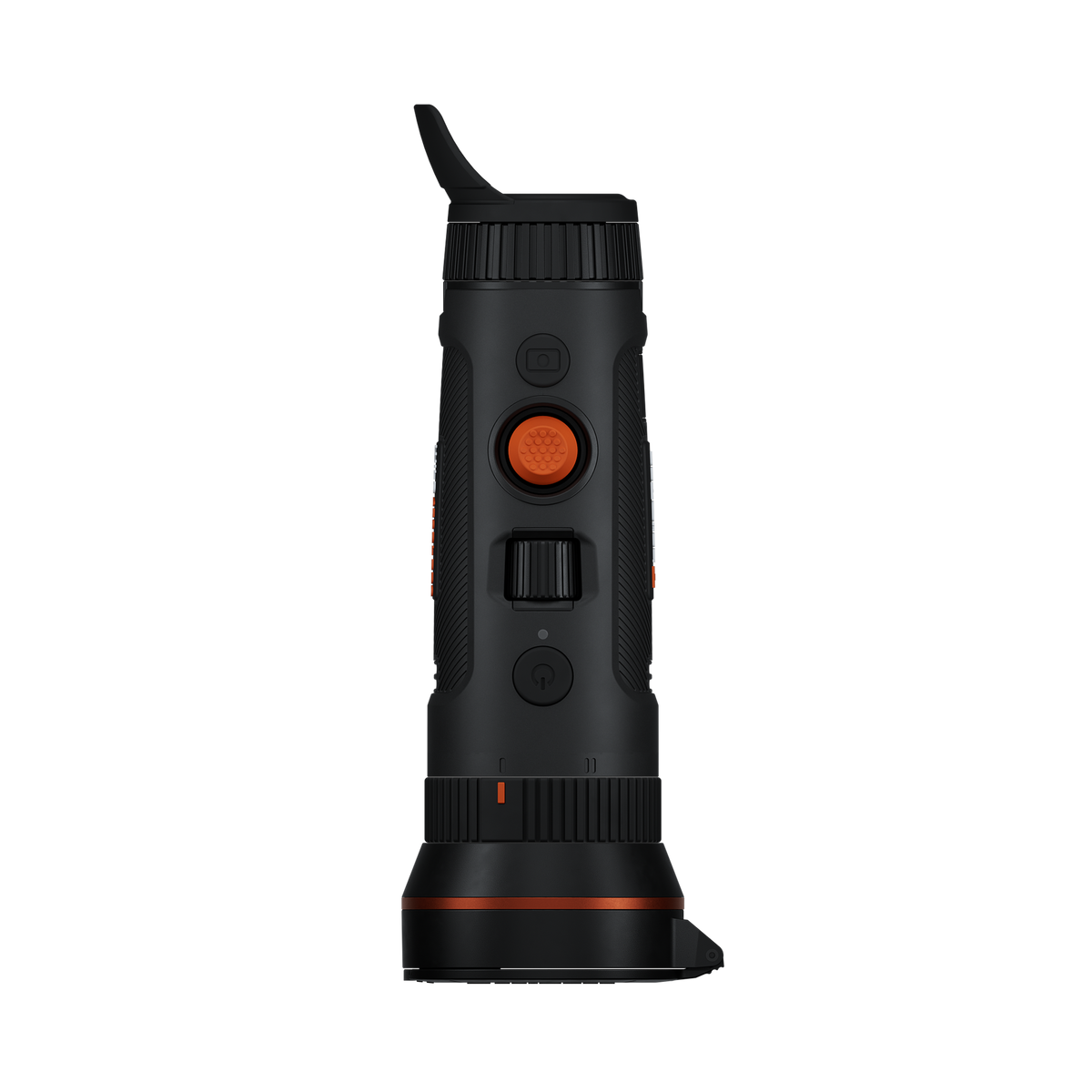 ThermTec Wild 650DL Pro thermal monocular, top view of controls with eyecup and wide objective housing