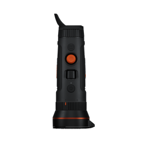 ThermTec Wild 650DL Pro thermal monocular, top view of controls with eyecup and wide objective housing