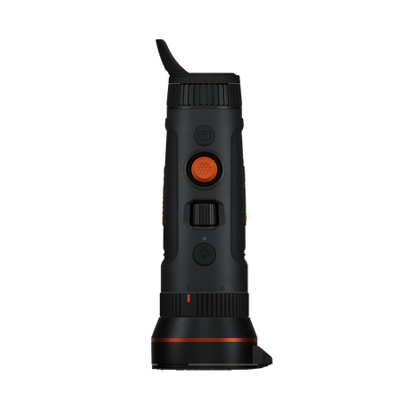 ThermTec Wild 650DL Pro thermal monocular, top view of controls with eyecup and wide objective housing