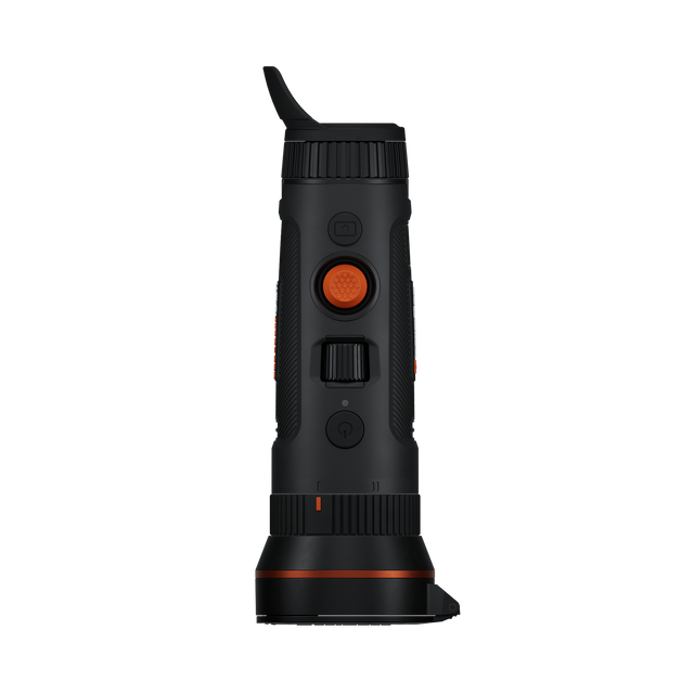 ThermTec Wild 650DL Pro thermal monocular, top view of controls with eyecup and wide objective housing