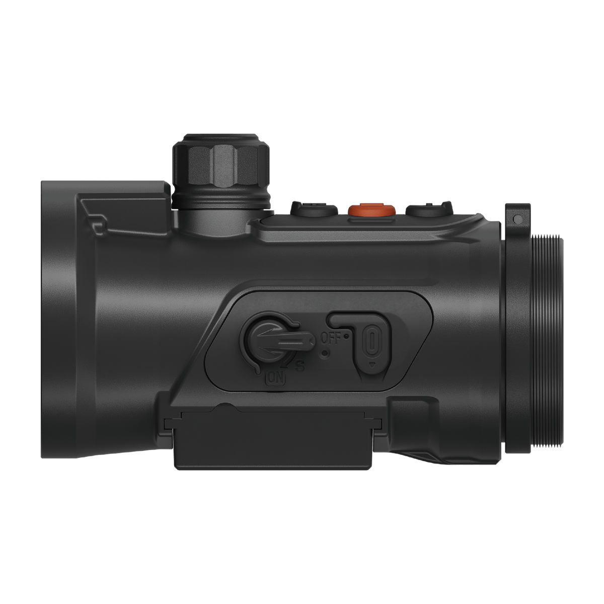 ThermTec Hunt Pro 650L thermal clip-on, side profile with switch, buttons and rail mount
