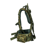 Spika Drover II Hauler frame in Biarri Camo, side profile of harness and hip belt with the 80L pack removed