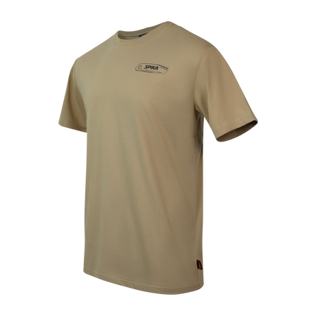 Spika Mission men's T-shirt in Khaki, angled side view showing the chest print and Spika hem tab