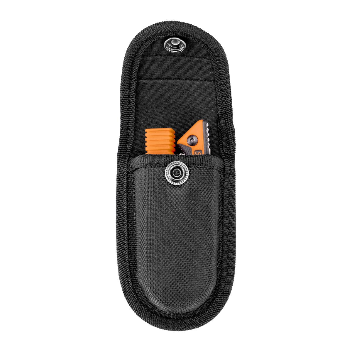 Spika Command folding scalpel stored in its open black nylon belt pouch with flap lifted
