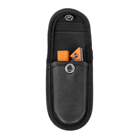 Spika Command folding scalpel stored in its open black nylon belt pouch with flap lifted