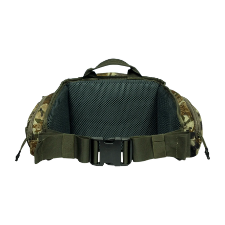 Spika Drover II Waist Pack in Biarri Camo, rear view of padded mesh back panel and buckle waist belt
