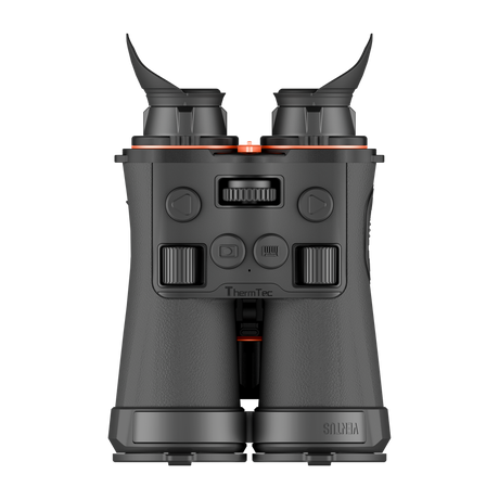 ThermTec Ventus 335L multi-spectrum binoculars, top-down view of control buttons and ThermTec logo
