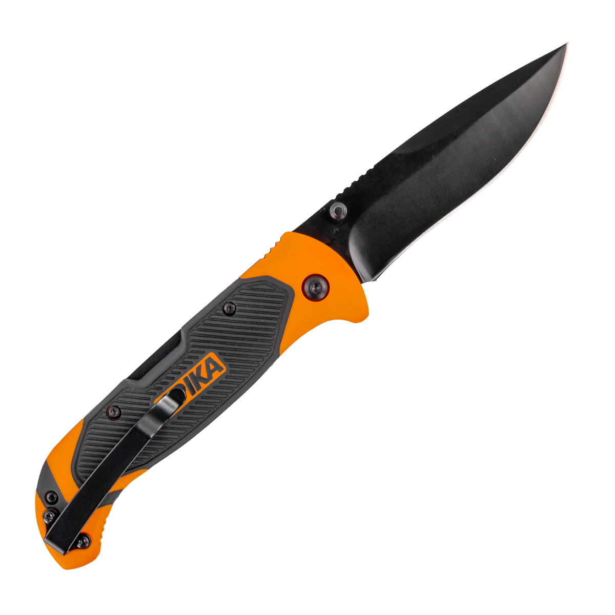 Spika Challenger lock back knife opened, reverse side with black pocket clip on the orange handle