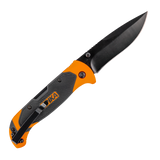 Spika Challenger lock back knife opened, reverse side with black pocket clip on the orange handle