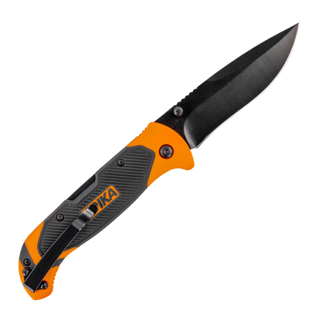 Spika Challenger lock back knife opened, reverse side with black pocket clip on the orange handle