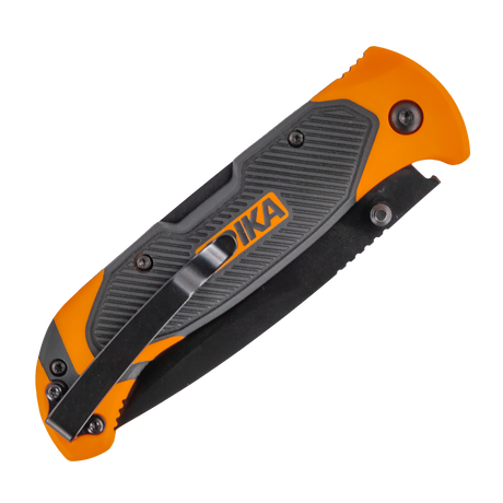 Spika Challenger lock back folding knife closed, clip side of the handle with black pocket clip