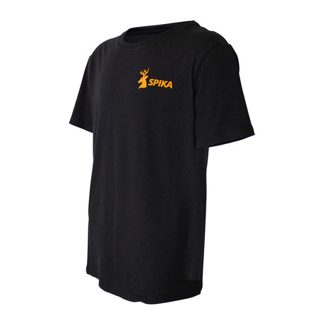 Spika GO Classic kids' black T-shirt, three-quarter side view with orange SPIKA chest logo