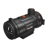 ThermTec Hunt Pro 650 thermal clip-on, three-quarter view of rear adaptor end and ThermTec logo
