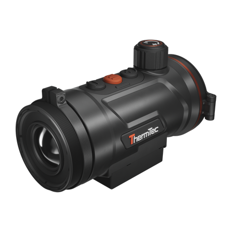 ThermTec Hunt Pro 650 thermal clip-on, three-quarter view of rear adaptor end and ThermTec logo