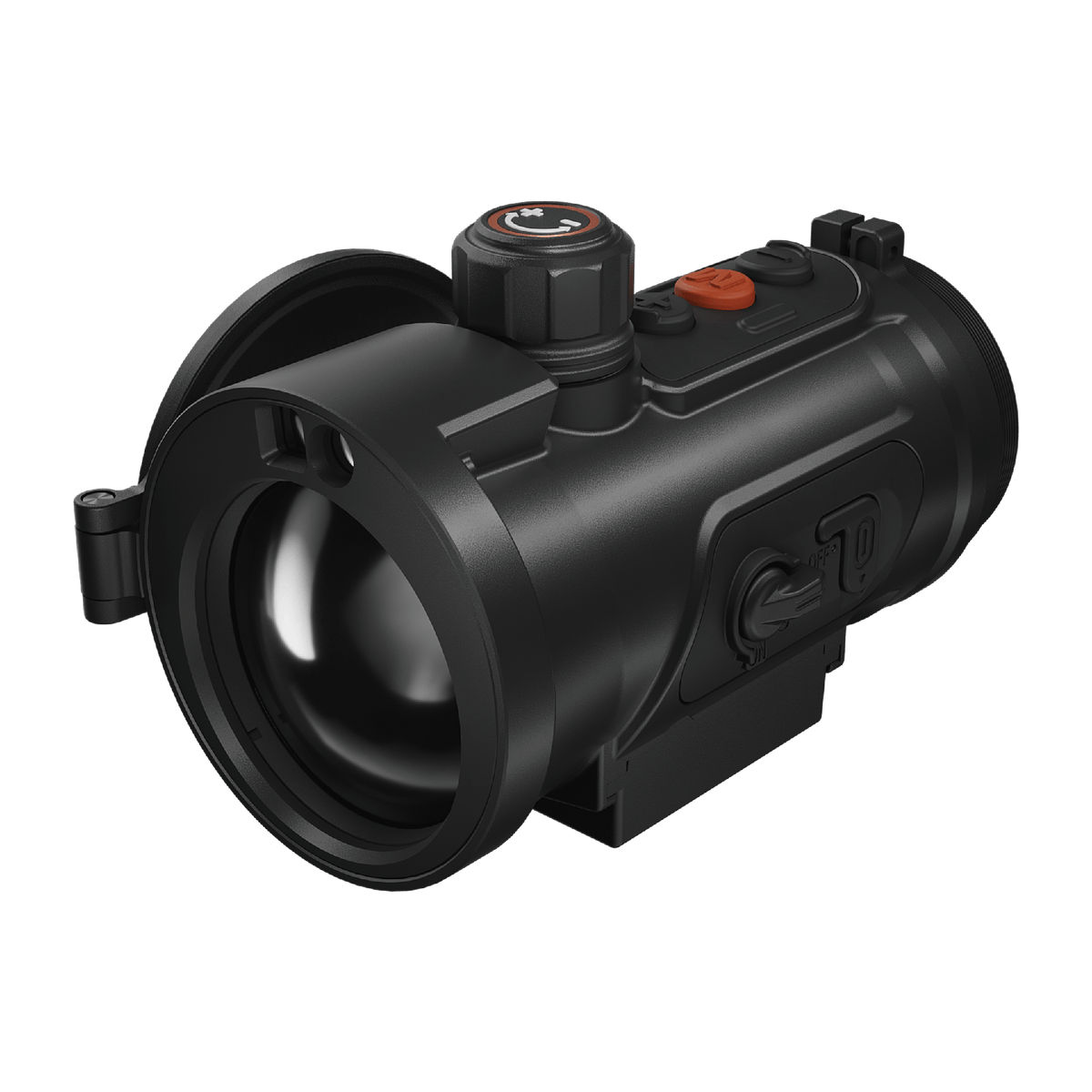 ThermTec Hunt Pro 635L thermal clip-on, front three-quarter view with the hinged lens cap swung open