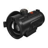 ThermTec Hunt Pro 635L thermal clip-on, front three-quarter view with the hinged lens cap swung open