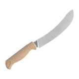 Spika Fieldcraft Cervitaur skinning knife with deep upswept blade and tan handle, blade pointing right