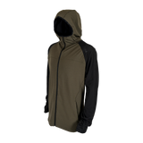 Spika men's microfleece zip-through hoodie in Olive Summit, three-quarter view with hood up