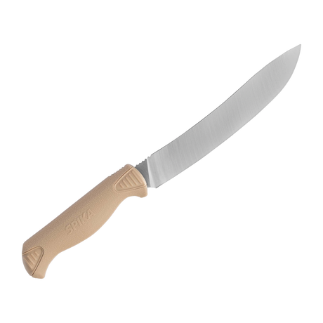 Spika Fieldcraft Cervitaur breaking knife, reverse side view with Spika moulded into the tan handle