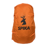 Spika Drover II Pro Pack 35L fitted with its orange rain cover printed with the Spika stag logo