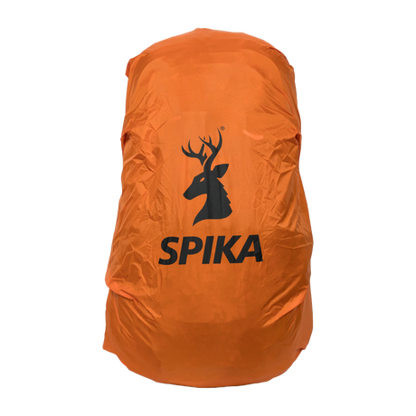 Spika Drover II Pro Pack 35L fitted with its orange rain cover printed with the Spika stag logo