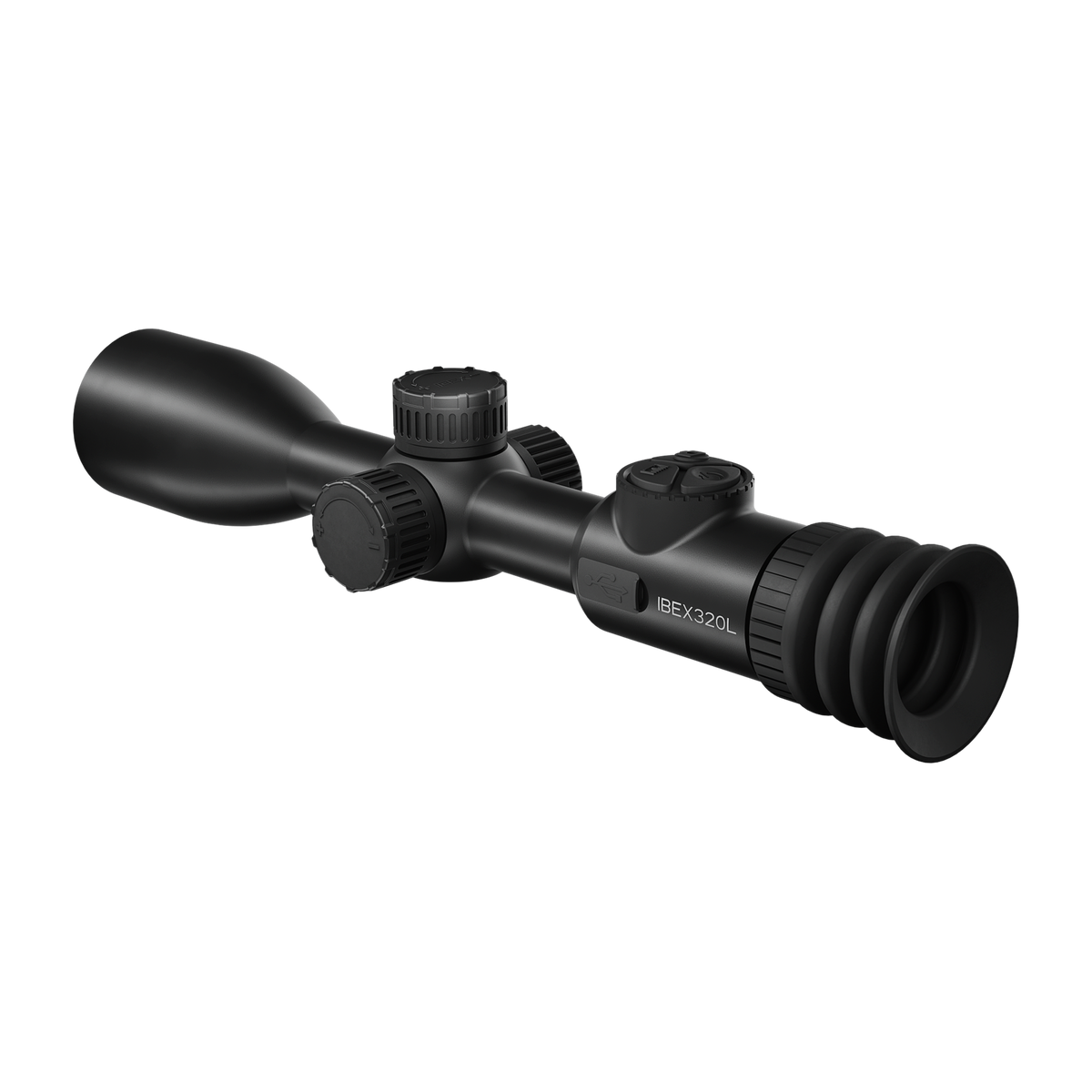 ThermTec IBEX 320L thermal tube scope, front three-quarter view of objective bell, turrets and IBEX badge