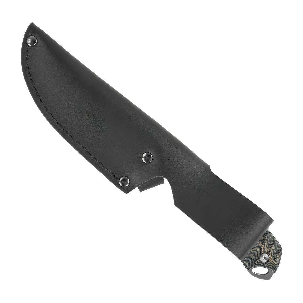 Spika Bushmaster Dogtooth black leather sheath, reverse side with belt loop and handle end visible