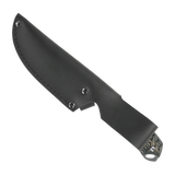 Spika Bushmaster Dogtooth black leather sheath, reverse side with belt loop and handle end visible