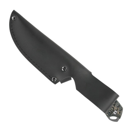 Spika Bushmaster Dogtooth black leather sheath, reverse side with belt loop and handle end visible