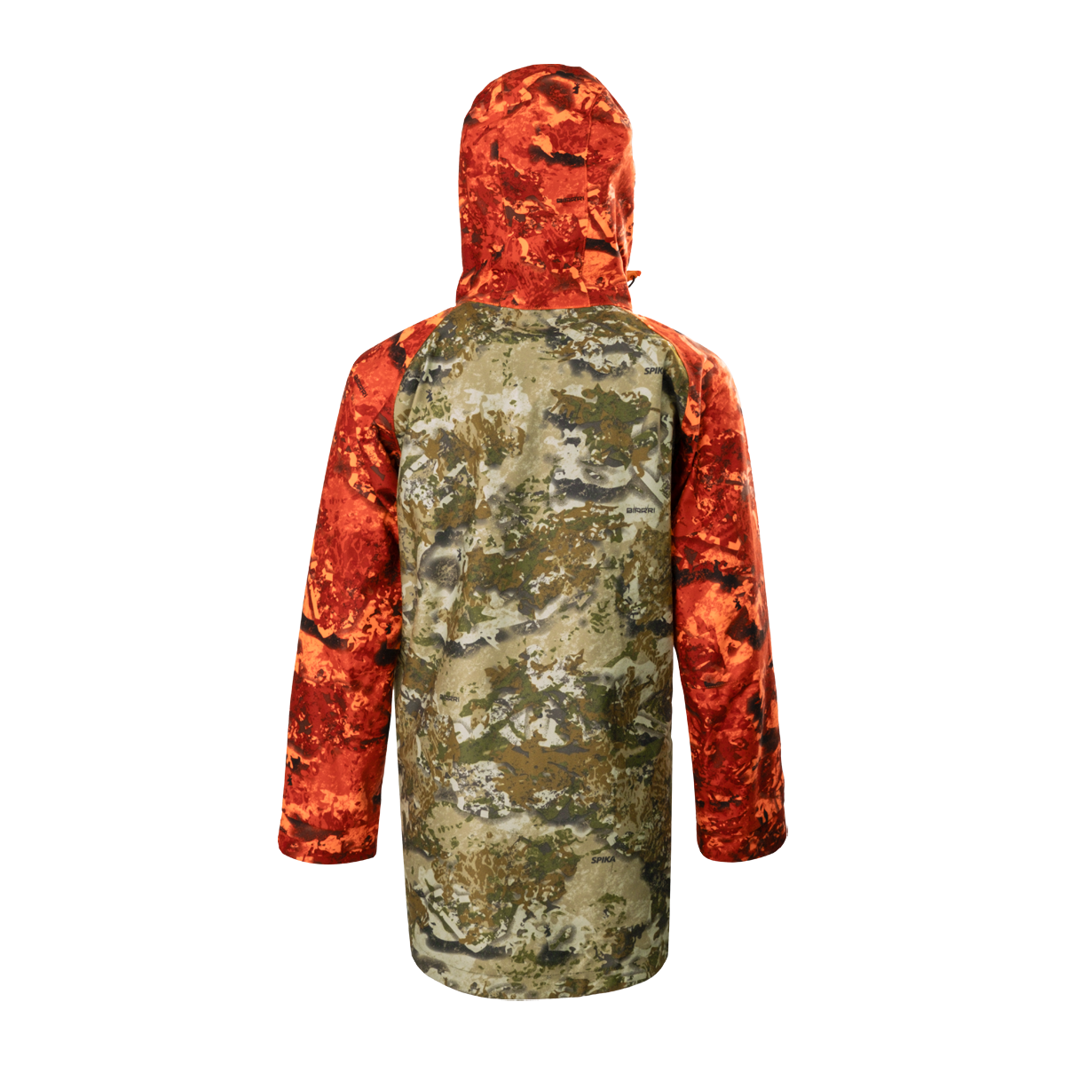 Spika Valley kids' jacket in Biarri Camo/Blaze, back view with blaze orange hood and sleeves