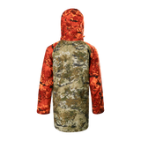 Spika Valley kids' jacket in Biarri Camo/Blaze, back view with blaze orange hood and sleeves