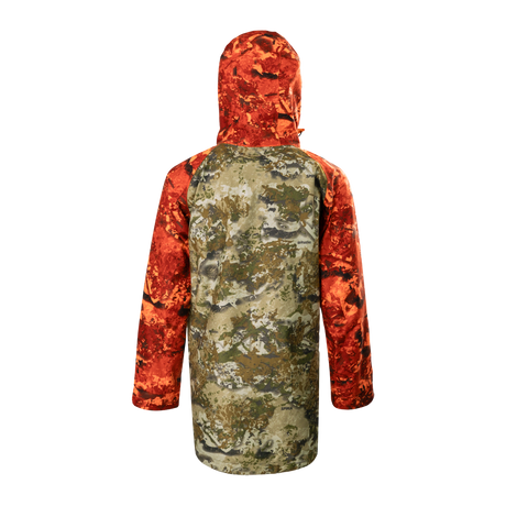 Spika Valley kids' jacket in Biarri Camo/Blaze, back view with blaze orange hood and sleeves