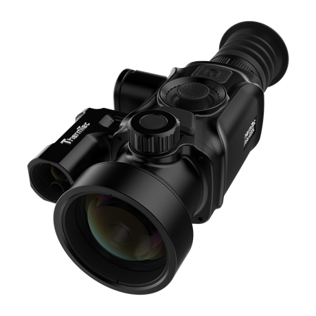ThermTec Vidar-LRF 650L 2.0 thermal compact scope, front three-quarter view of lens and laser rangefinder