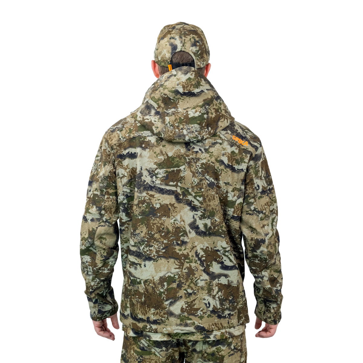 Man wearing the Spika Highpoint men's shell jacket in Biarri Camo, back view