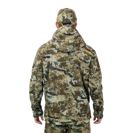 Man wearing the Spika Highpoint men's shell jacket in Biarri Camo, back view