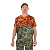 Man modelling the Spika Trail men's T-shirt in Biarri Blaze with a cap, front view