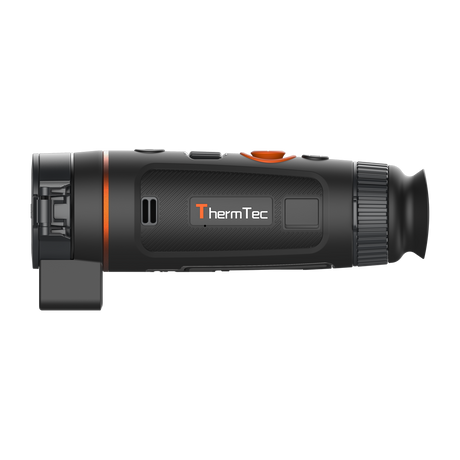 ThermTec Wild 335L thermal monocular, side profile showing ThermTec logo and laser rangefinder module